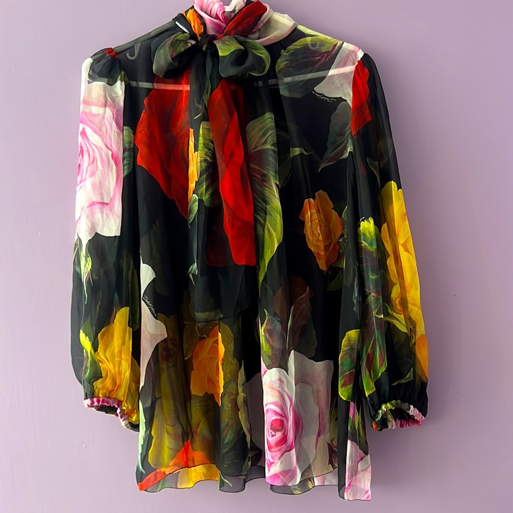 Dolce & Gabbana Black Roses Tie Neck Blouse - Picture 5 of 10